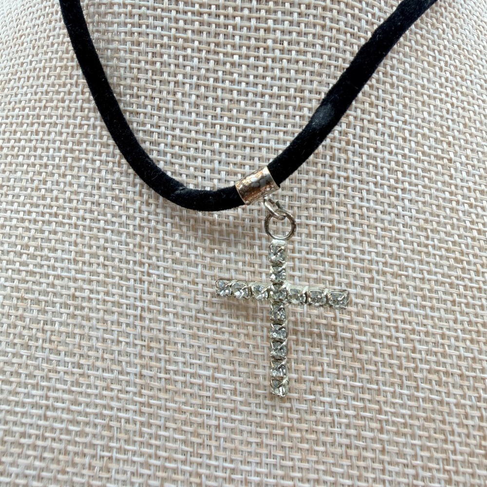 Vintage 90s Silver Tone Clear Glass Cross Pendant Necklace Black Cord Choker 90s